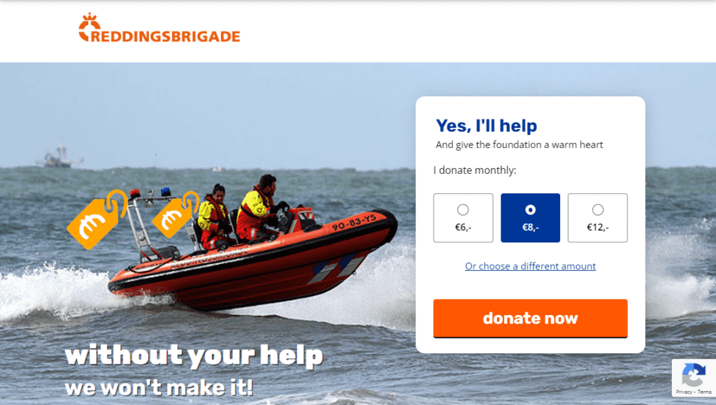 Screenshot of a donation landing page for Reddingsbrigade